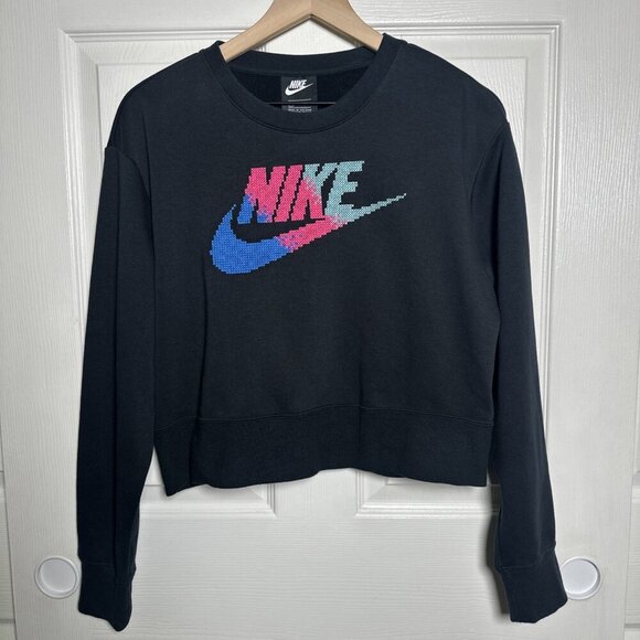 Nike Womens Future Femme Crew Fleece Black Sweatshirt Medium Embroidered Logo - Picture 2 of 7